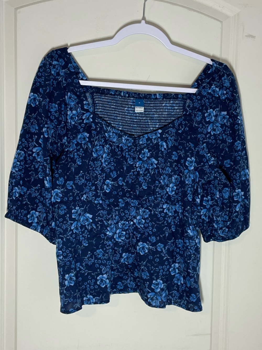 Blue Floral Puff Sleeve Top Romantic Cottagecore Peplum Blouse